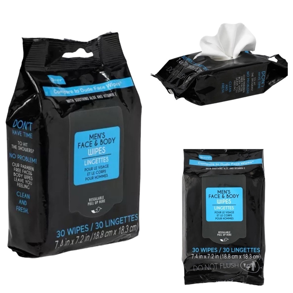 B Pure Men’s Face & Body Wipes W/ Soothing Aloe & Vitamin E 30 Wipes Pack 3